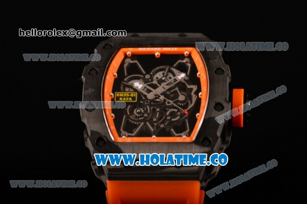 Richard Mille RM35-01 Bubba Watson Tourbillon Manual Winding Carbon Fiber Case with Skeleton Dial and White Dot Markers - Orange Inner Bezel - Click Image to Close